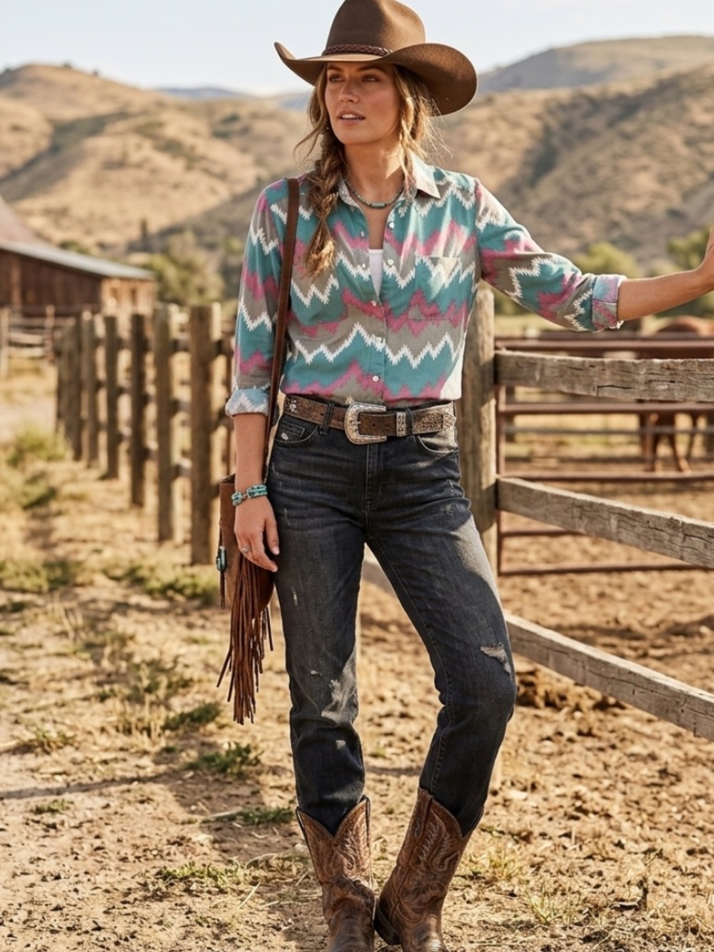 Rock & Roll Denim Women’s L Aztec Cowgirl Button-Down in Teal, Pink & White